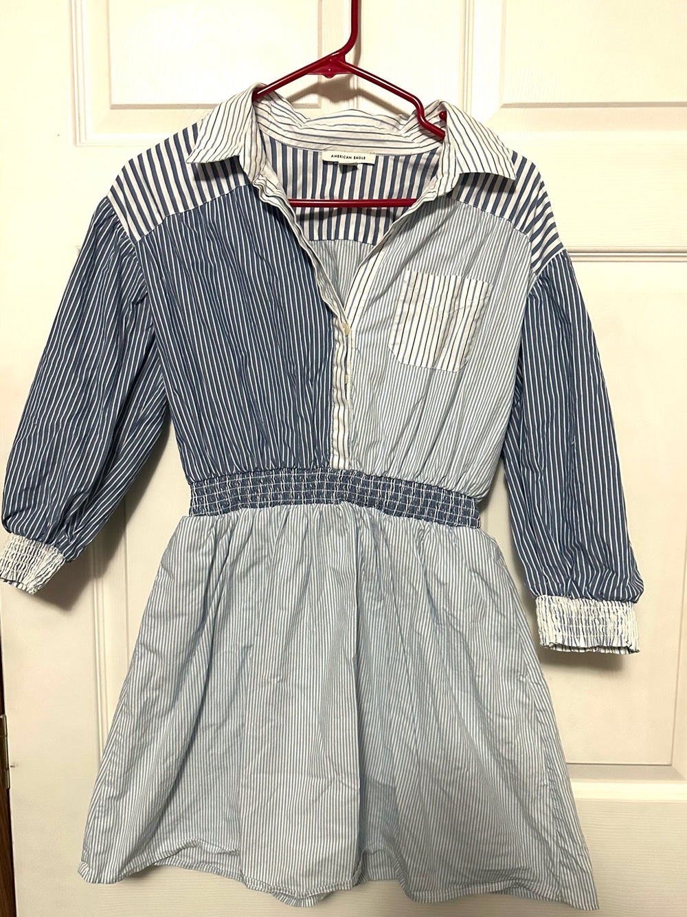 American Eagle Striped Shirt Dress with Elastic Waist - Blue & White